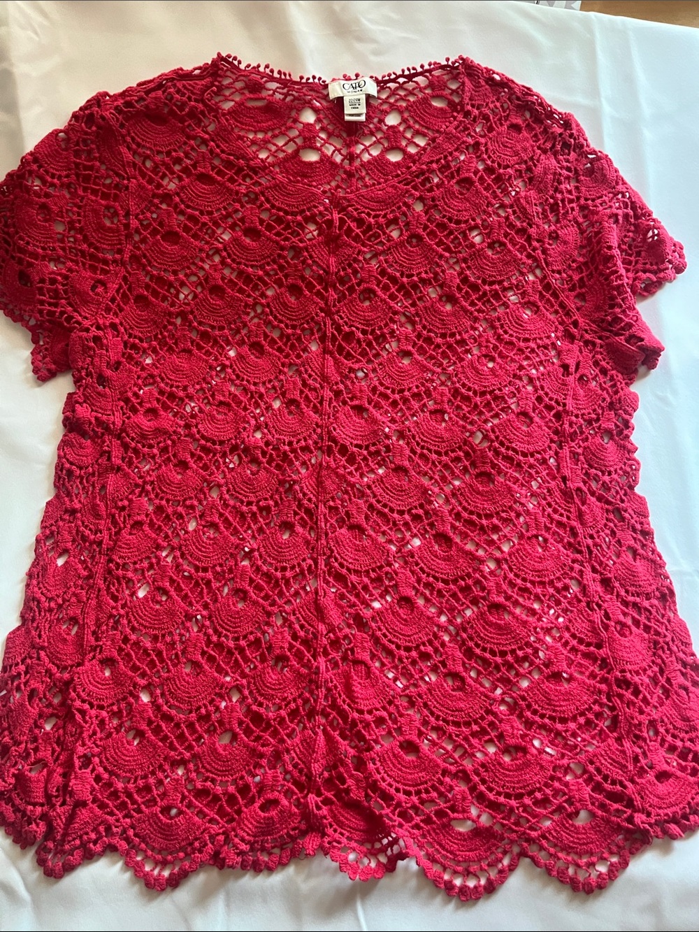 Cato Red Crochet Short Sleeve Tunic Top